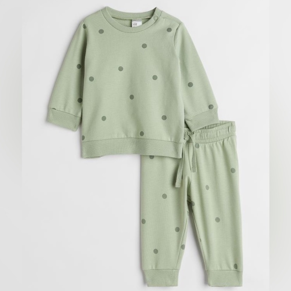 H&M Light Green Polkadot 2-piece Sweatshirt Set, 18M